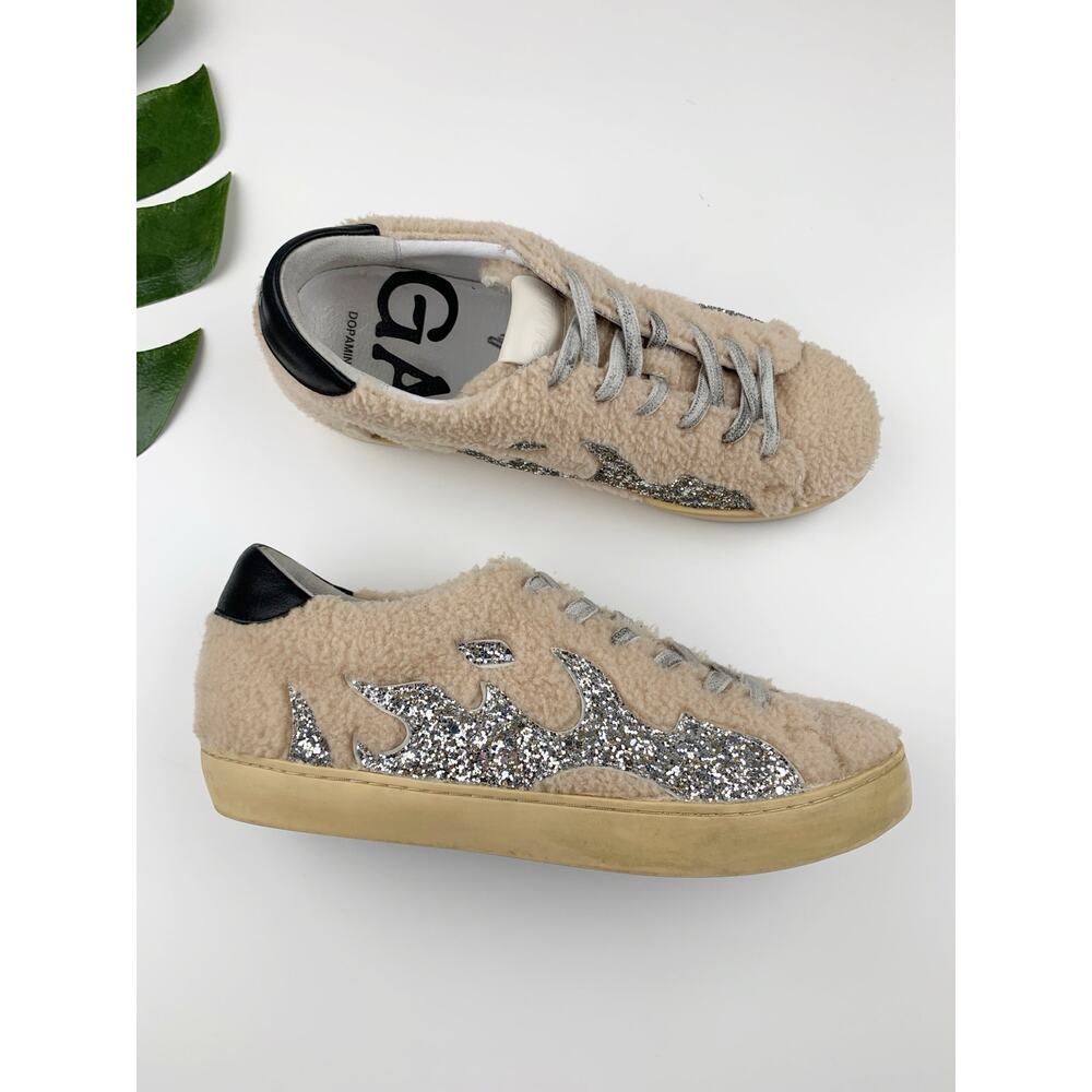 Gamin Dopamine Shearling Sneakers Sparkly Silver Flames Women's 39 US 8 8.5
